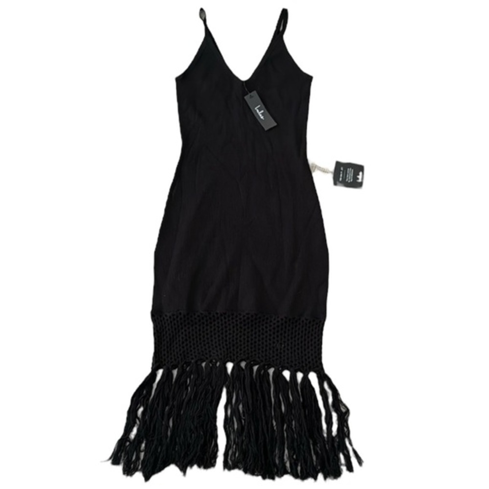 Lulu’s Women’s Crochet Beach Festival Black Ribbed Knit Fringe Midi Dress Medium - Picture 2 of 15